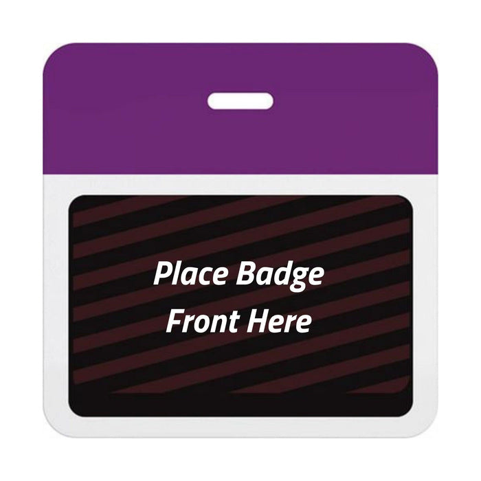 Self-expiring badge back with plain purple header bar, slot punch, and black backing printed Place Badge Front Here, part T5907A