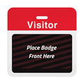 Self-expiring visitor badge back with red Visitor header bar, slot punch, and black backing printed Place Badge Front Here, part T5913A
