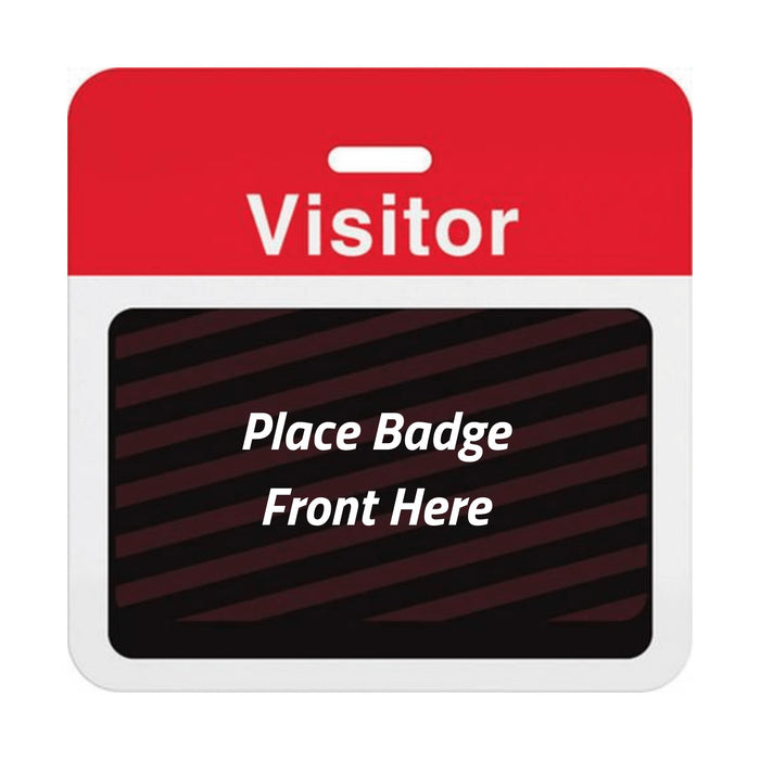 Self-expiring visitor badge back with red Visitor header bar, slot punch, and black backing printed Place Badge Front Here, part T5913A