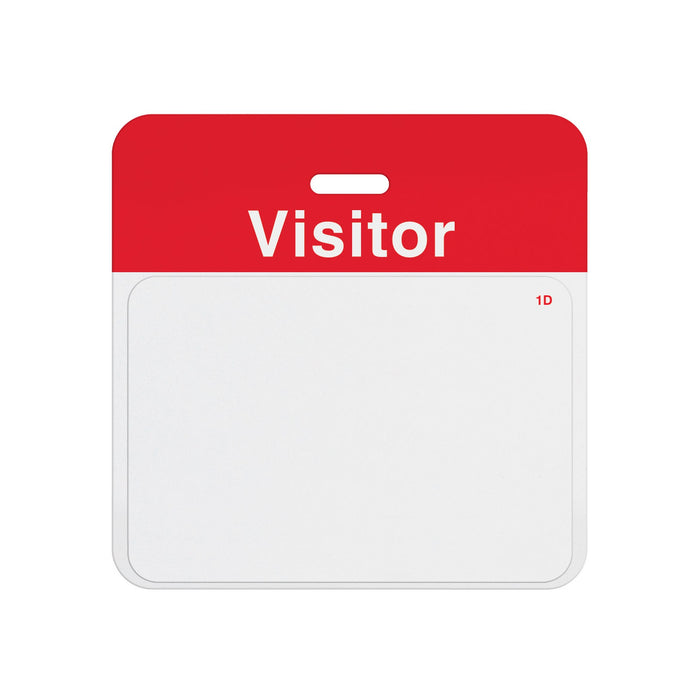 Valid self-expiring visitor badge with red VISITOR header bar and blank white one-day front, T5913A back assembled with T6151 front