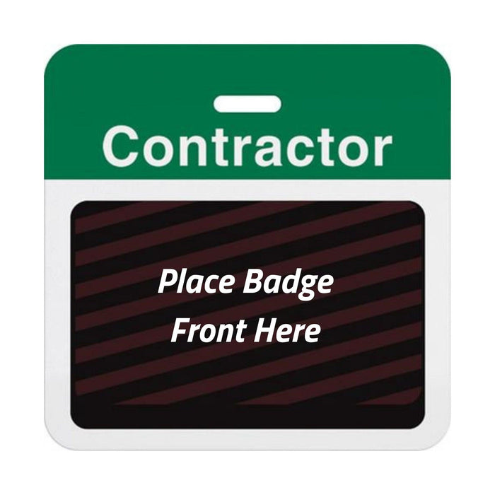 Self-expiring contractor badge back with green Contractor header bar, slot punch, and black backing printed Place Badge Front Here, part T5915A