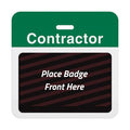 Self-expiring contractor badge back with green Contractor header bar, slot punch, and black backing printed Place Badge Front Here, part T5915A