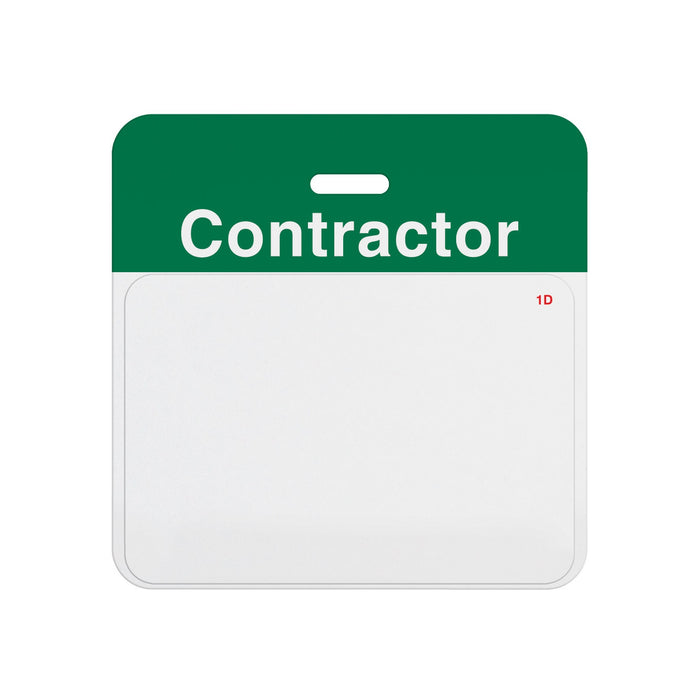 Valid self-expiring contractor badge with green CONTRACTOR header bar and blank white one-day front, T5915A back assembled with T6151 front