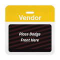 Self-expiring vendor badge back with yellow Vendor header bar, slot punch, and black backing printed Place Badge Front Here, part T5937A