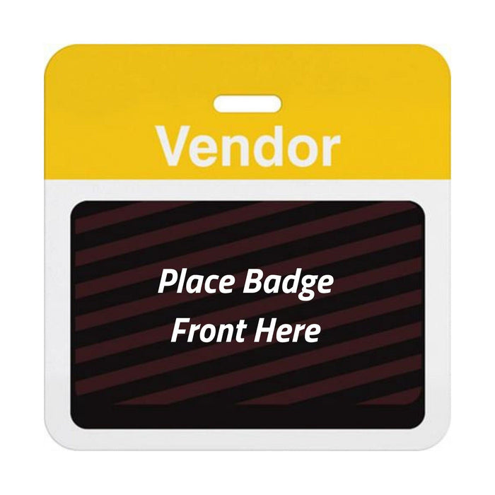 Self-expiring vendor badge back with yellow Vendor header bar, slot punch, and black backing printed Place Badge Front Here, part T5937A