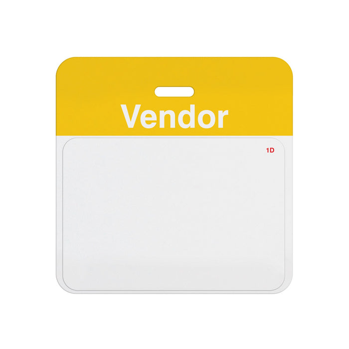 Valid self-expiring vendor badge with yellow VENDOR header bar and blank white one-day front, T5937A back assembled with T6151 front