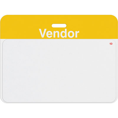 TEMPbadge T5937AL large clip-on self-expiring badge back with a printed yellow VENDOR header bar