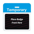 Self-expiring temporary badge back with blue Temporary header bar, slot punch, and black backing printed Place Badge Front Here, part T5938A