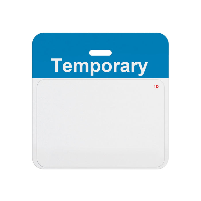 Valid self-expiring temporary badge with blue TEMPORARY header bar and blank white one-day front, T5938A back assembled with T6151 front