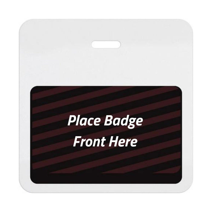 Self-expiring badge back in plain white with no header bar, slot punch, and black backing printed Place Badge Front Here, part T6027A