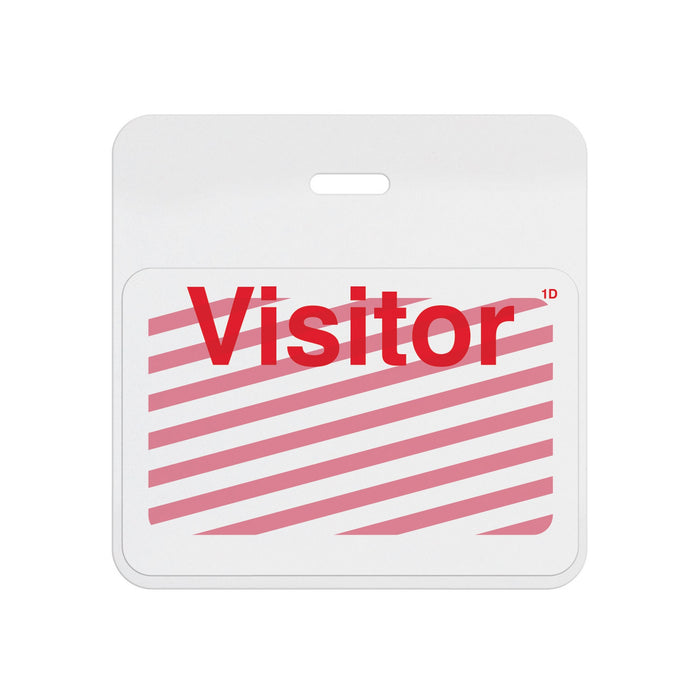 Expired self-expiring badge with white header showing red diagonal stripes across the printed Visitor front, T6027A back assembled with T6103 front