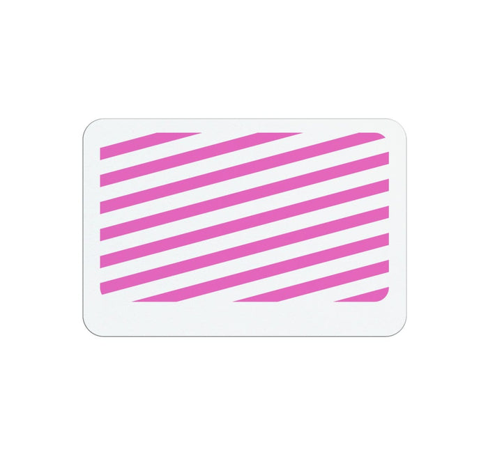 White rectangular card with pink diagonal stripes across the center, featuring an adhesive backpart for easy attachment. Ideal for visitor management as an Expiring TIMEbadge Adhesive Backpart, Box of 1000 (P/N T6032A).