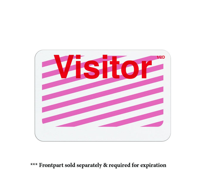 Expiring TIMEbadge Adhesive Backpart, Box of 1000 (P/N T6032A) with red text and pink diagonal stripes. Disclaimer below states "Frontpart sold separately & required for expiration." Adhesive Backpart included to ensure secure attachment for effective visitor management.