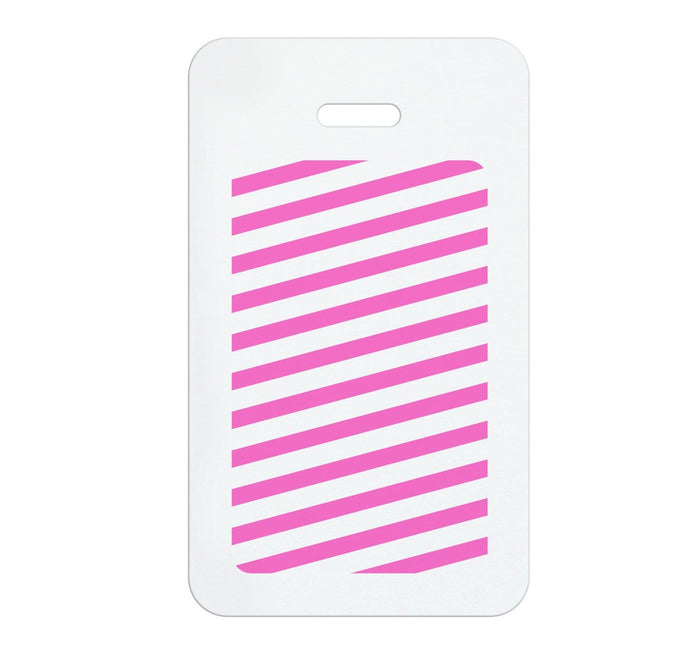 White rectangular tag with a top slot, featuring pink diagonal stripes on the lower half, perfect for use with Vertical Manual Expiring TIMEbadge Clip-on Backpart, Box of 1,000 (P/N T6054A) in visitor management systems.