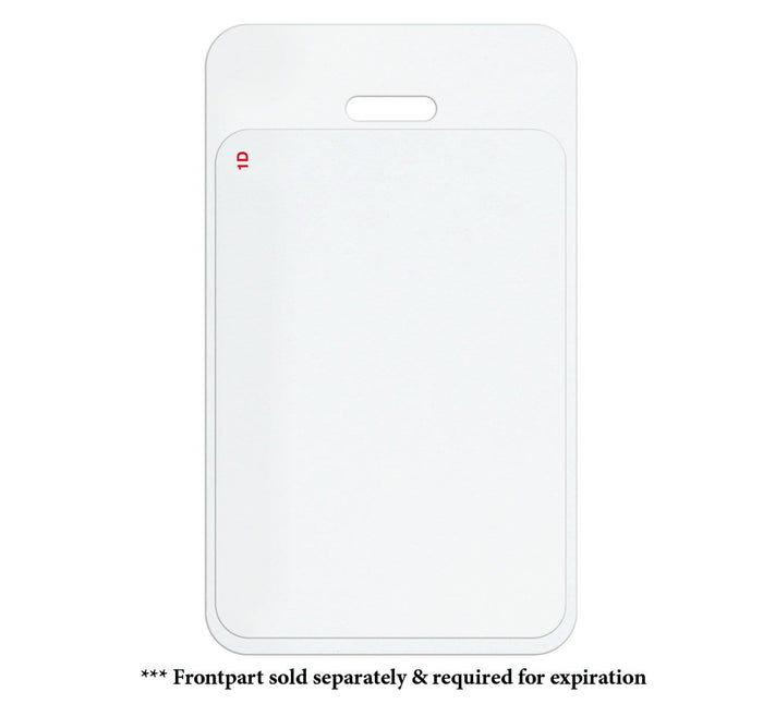 A blank ID badge is shown with a cutout near the top for a lanyard. Below the badge, small text reads, "* Frontpart sold separately & required for expiration." This Vertical Manual Expiring TIMEbadge Clip-on Backpart, Box of 1,000 (P/N T6054A) enhances visitor management by ensuring security with self-expiring temporary badges.