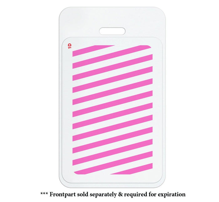 White badge holder with a pink diagonal striped card inside, showing "1D" in the top left corner. Text below reads, "* Frontpart sold separately & required for expiration. Ideal for visitor management, these Vertical Manual Expiring TIMEbadge Clip-on Backpart, Box of 1,000 (P/N T6054A) ensure self-expiring temporary badges expire properly.