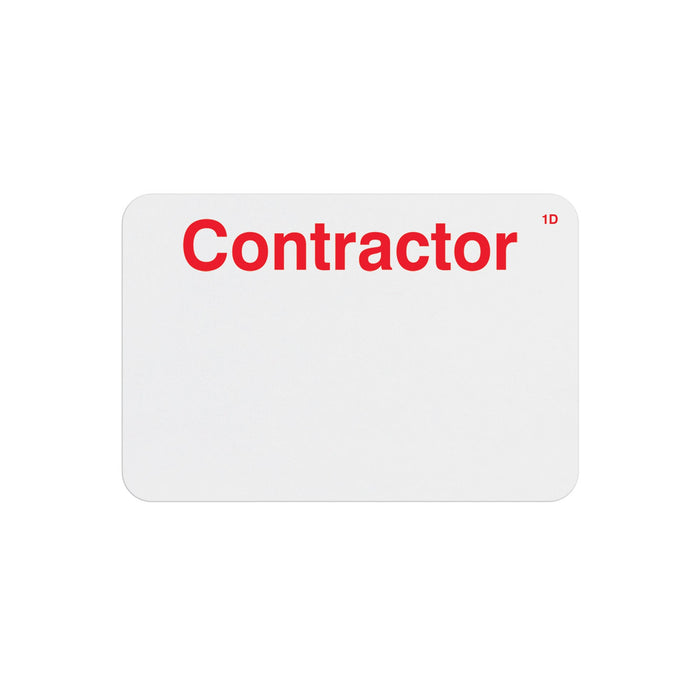 Handwritten 1-day expiring badge front preprinted Contractor in red with a 1D mark in the corner, part T6105