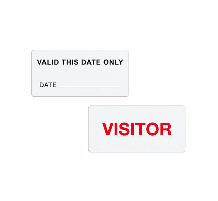 Two white labels: one reads "VALID THIS DATE ONLY" with a blank line for the date, the other reads "VISITOR" in red text, perfect for visitor management with Self-Expiring One-day TIMEtoken Indicators, Box of 1000 (P/N T611X).