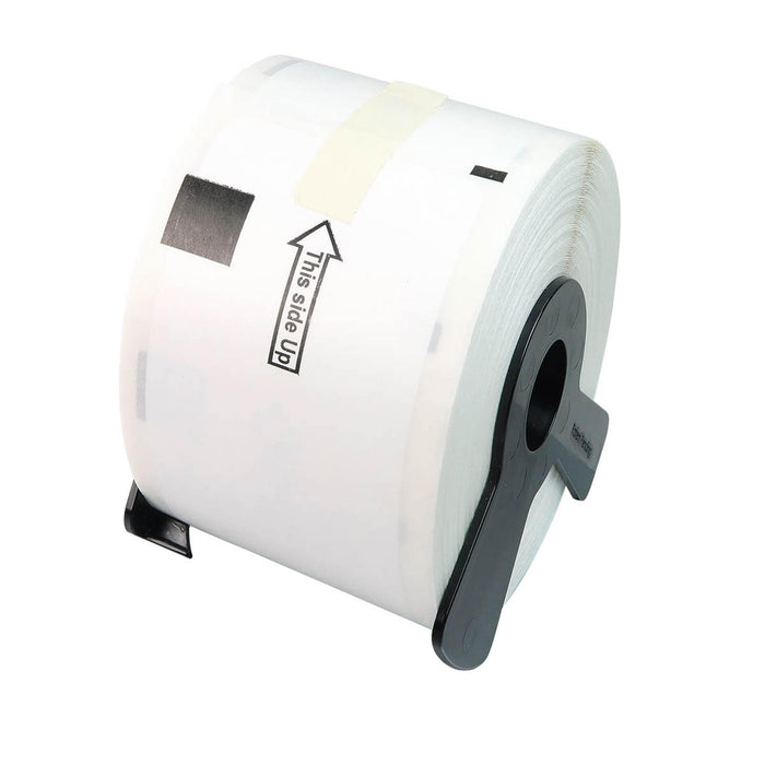 TEMPbadge T6151-BQL one-day expiring badge front roll for Brother QL printers, shown on its spindle holder