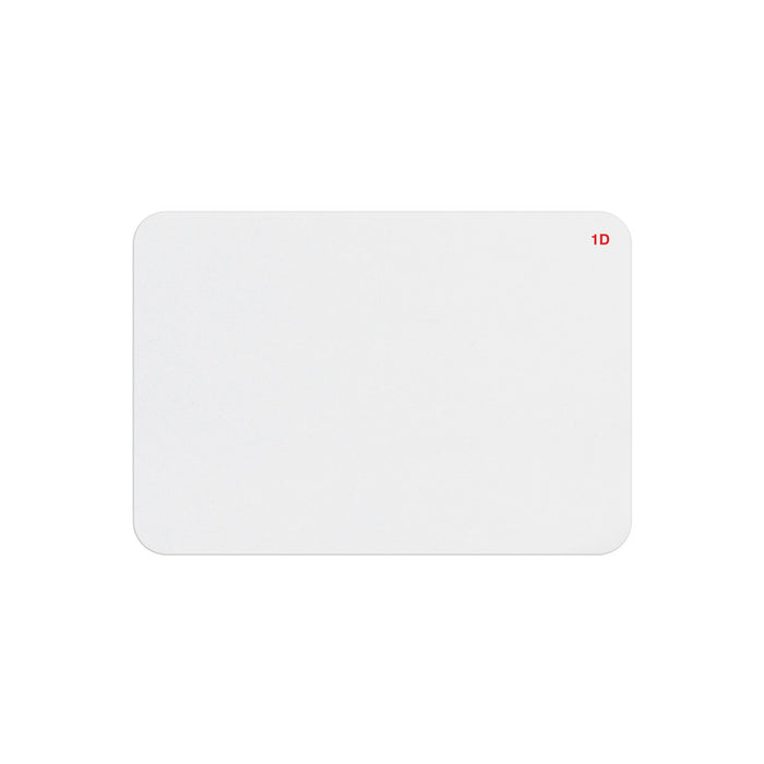 Blank white thermal-printable one-day expiring badge front with red 1D indicator in the corner, part T6151