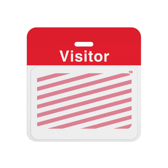 Expired one-day expiring badge front T6151 showing red diagonal stripes, assembled on a red VISITOR self-expiring badge back