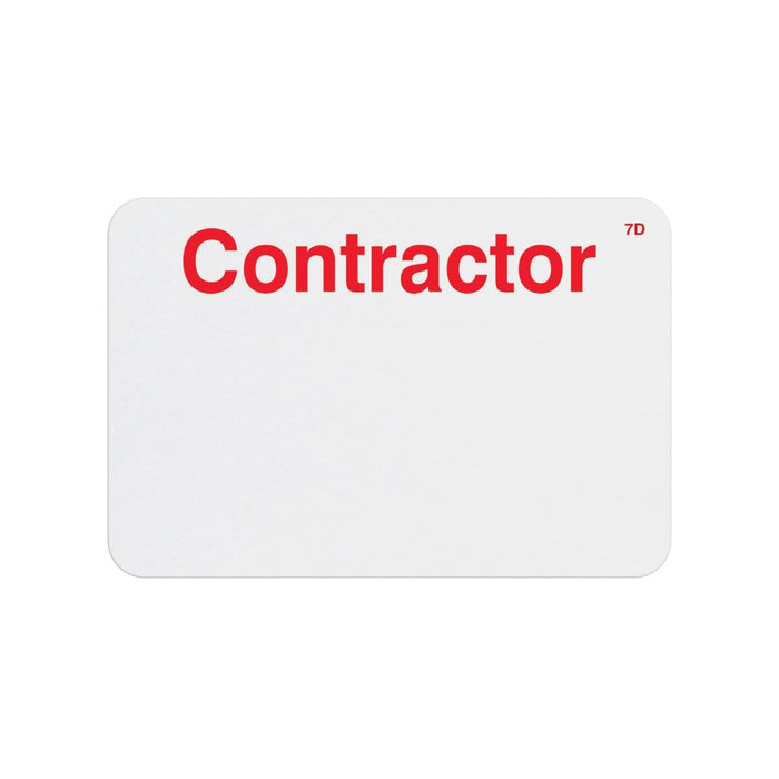 Manual One-week Expiring TIMEbadge "CONTRACTOR" (P/N T6205) with the word "Contractor" in bold red letters at the top center, and the characters "7D" in small red text at the top right corner.