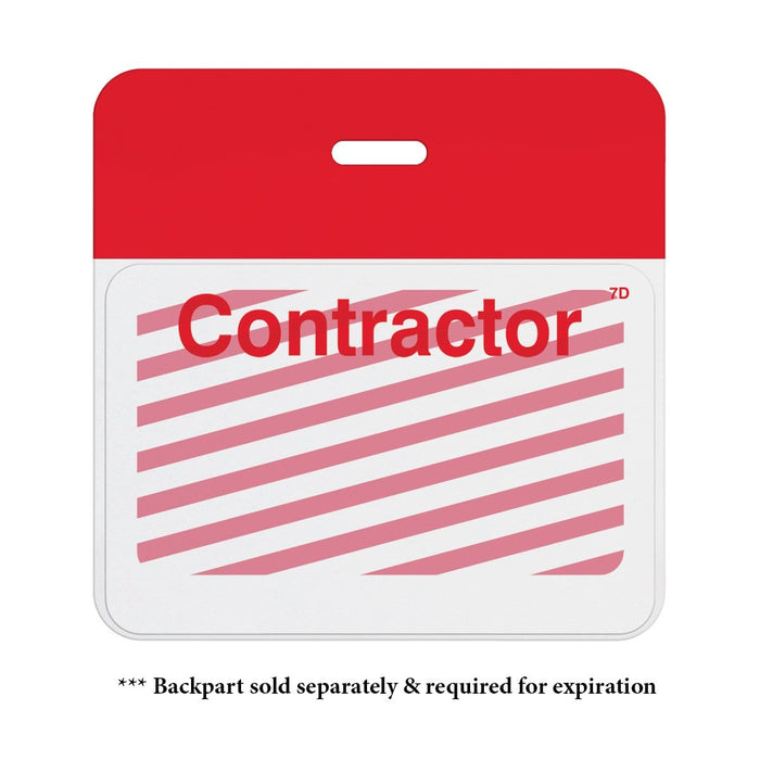 Manual One-week Expiring TIMEbadge "CONTRACTOR" (P/N T6205) with a red top section and red diagonal stripes on the lower section. Text reads "Contractor." Note beneath states "* Backpart sold separately & required for expiration. This Manual Expir...