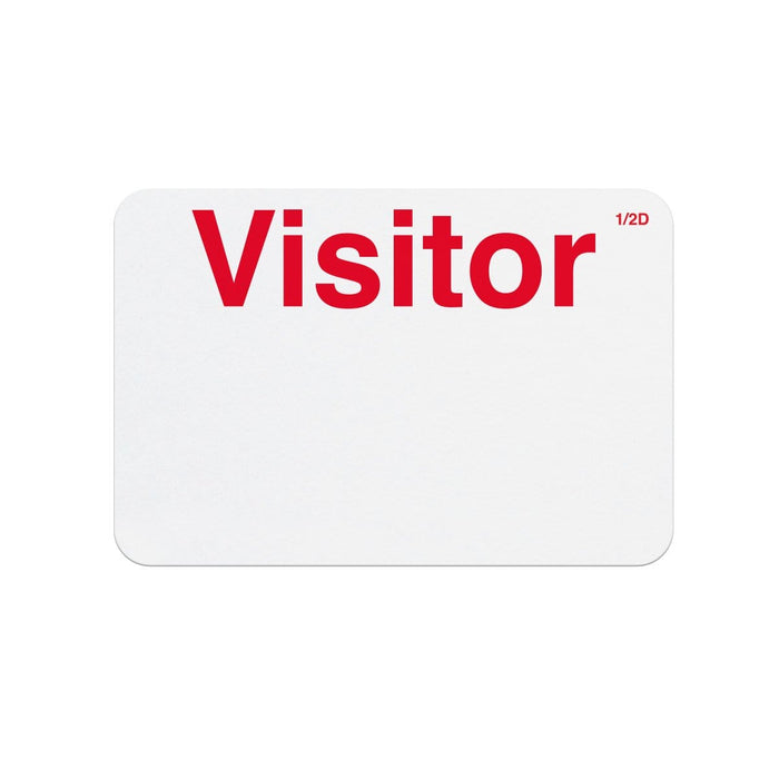 A Manual Half-day Expiring TIMEbadge "VISITOR" (P/N T6403) with the word "Visitor" in large red text at the top and "1/2D" in smaller text in the upper right-hand corner. The rest of the badge is blank, ideal for visitor management to ensure a secure environment.