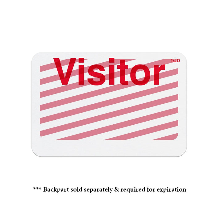 A Manual Half-day Expiring TIMEbadge "VISITOR" (P/N T6403) with the word "Visitor" in bold red letters on a white background with diagonal pink stripes. Text at the bottom says, "* Backpart sold separately & required for expiration." This expiring badge is essential for a secure environment and effective visitor management.
