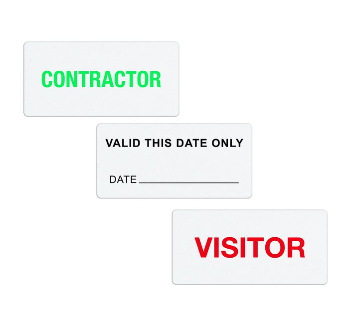 Three rectangular identification labels are shown: one reads "CONTRACTOR" in green text, another reads "VALID THIS DATE ONLY" with a blank date field for temporary badges, and the last reads "VISITOR" in red text. These Self-expiring Half-day TIMEtoken Indicators (P/N T641X) are essential tools for effective visitor management.