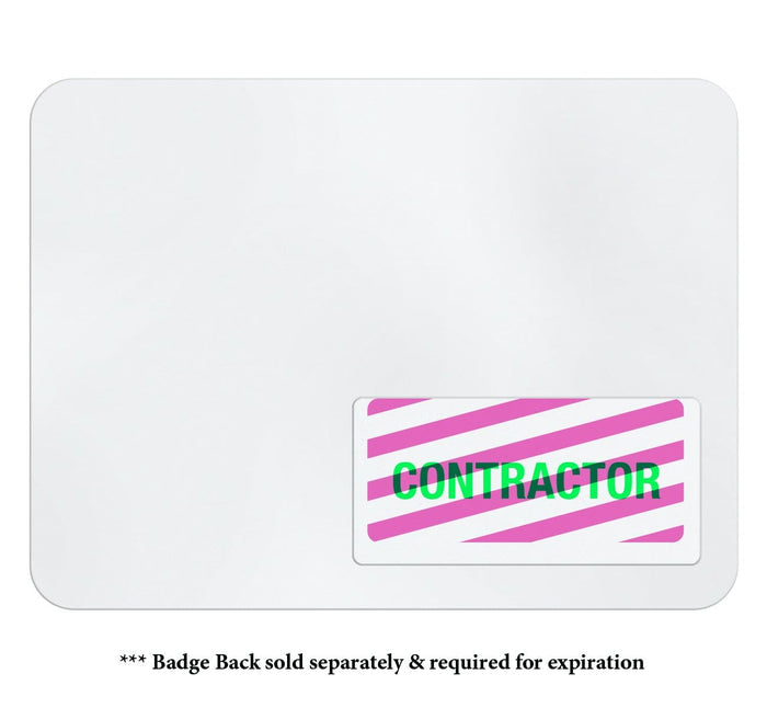 White rectangular card with a smaller section featuring diagonal pink and white stripes and the word "CONTRACTOR" in green text. Note at the bottom says, "* Badge Back sold separately & required for expiration." Ideal for visitor management, these Self-expiring Half-day TIMEtoken Indicators (P/N T641X) make use of self-expiring indicators.