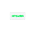 A rectangular white badge with the word "CONTRACTOR" printed in bold green uppercase letters, featuring a Self-expiring Half-day TIMEtoken Indicators (P/N T641X) design for efficient visitor management.