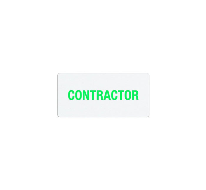 A rectangular white badge with the word "CONTRACTOR" printed in bold green uppercase letters, featuring a Self-expiring Half-day TIMEtoken Indicators (P/N T641X) design for efficient visitor management.
