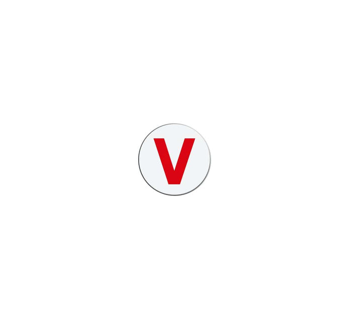A white circle with a bold, red letter "V" centered inside it, set against a plain white background, evoking the design often seen on the "V" Half Day Expiring Time Spot/Cover Indicator (P/N T642X).