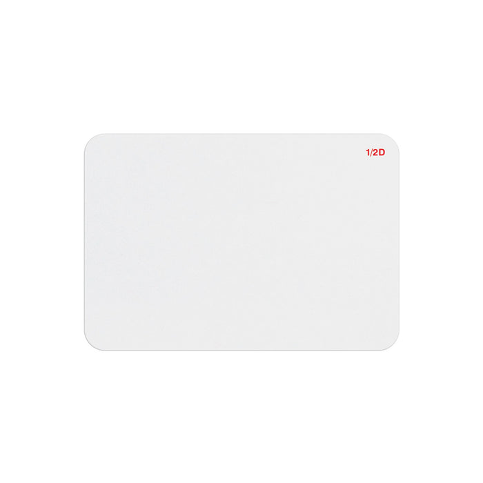 Blank white thermal-printable half-day expiring badge front with red 1/2D indicator in the corner, part T6451