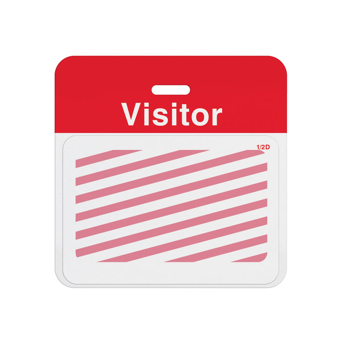 Expired half-day expiring badge front T6451 showing red diagonal stripes, assembled on a red VISITOR self-expiring badge back