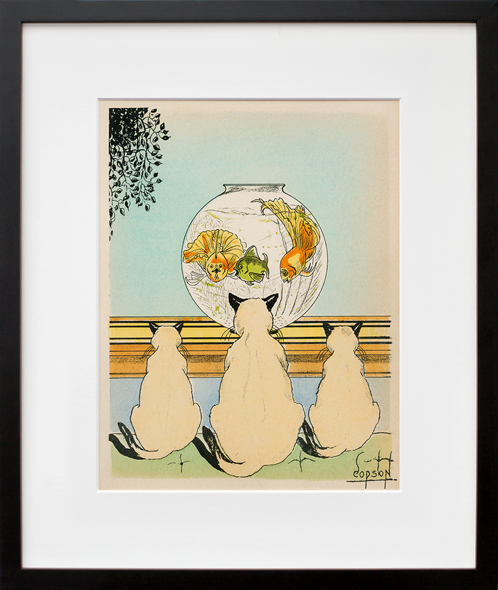 Three cats watching fish in an aquarium