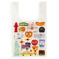 This lightweight ripstop-nylon tote features a vibrant colorful all-over NYC print including taxis, pizza, and the Statue of Liberty on a white background. The simple rectangular bag includes long handles and an integrated interior pouch, allowing the entire flexible carrier to fold down into a compact square.