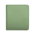Small, genuine leather two‑tone bifold wallet measuring 3.5 by 3.75 inches and one‑quarter inch thick. Smooth leather with snap button closure, RFID‑blocking lining, interior ID window and card slots, plus a zip pocket on the back. Compact and lightweight for everyday carry. Outside color is listed first in sage green with deep purple.