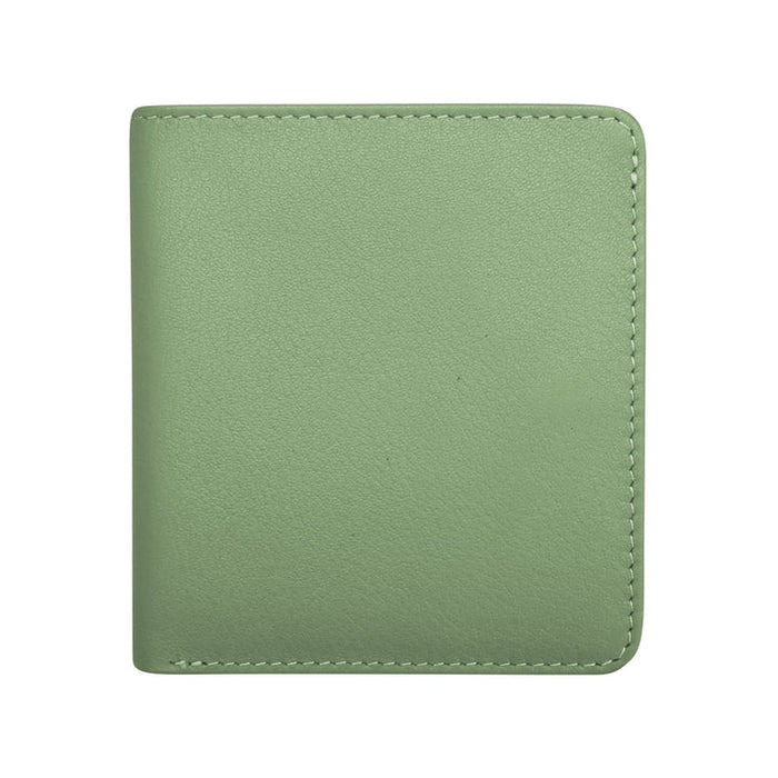 Small, genuine leather two‑tone bifold wallet measuring 3.5 by 3.75 inches and one‑quarter inch thick. Smooth leather with snap button closure, RFID‑blocking lining, interior ID window and card slots, plus a zip pocket on the back. Compact and lightweight for everyday carry. Outside color is listed first in sage green with deep purple.
