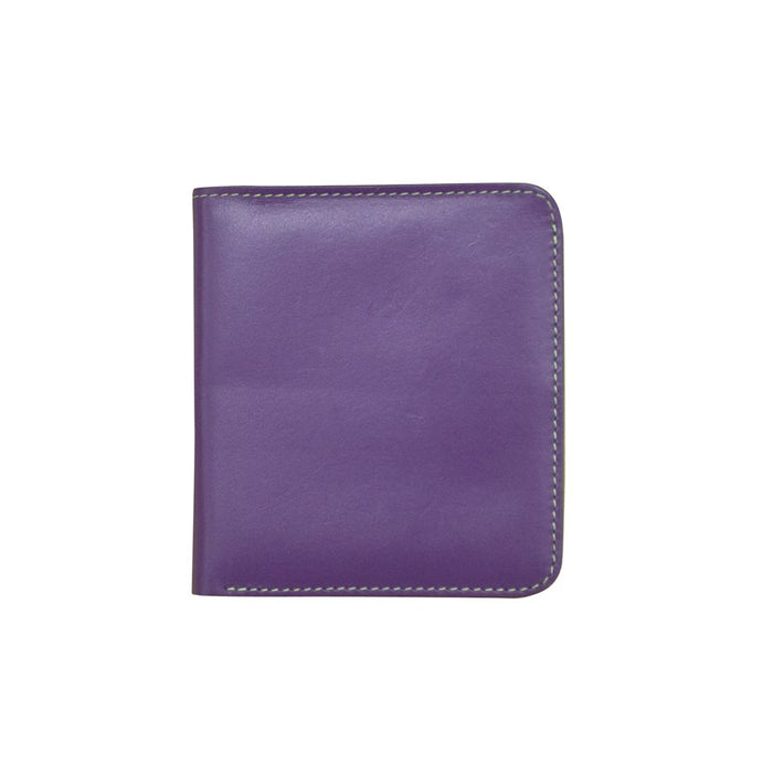 Small, genuine leather two‑tone bifold wallet measuring 3.5 by 3.75 inches and one‑quarter inch thick. Smooth leather with snap button closure, RFID‑blocking lining, interior ID window and card slots, plus a zip pocket on the back. Compact and lightweight for everyday carry. Outside color is listed first in purple with pear green.