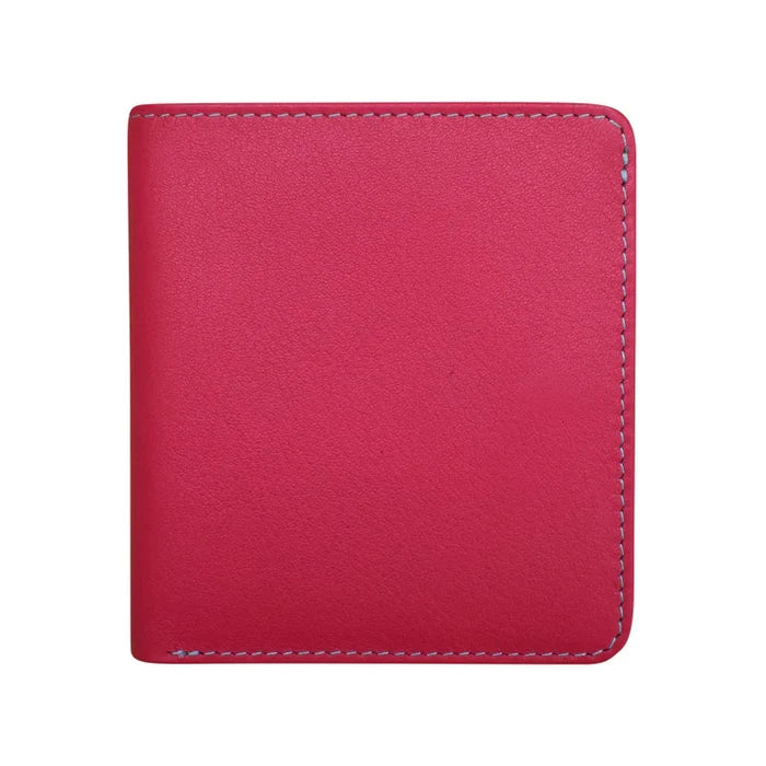 Small, genuine leather two‑tone bifold wallet measuring 3.5 by 3.75 inches and one‑quarter inch thick. Smooth leather with snap button closure, RFID‑blocking lining, interior ID window and card slots, plus a zip pocket on the back. Compact and lightweight for everyday carry. Outside color is listed first in Indian pink with turquoise.