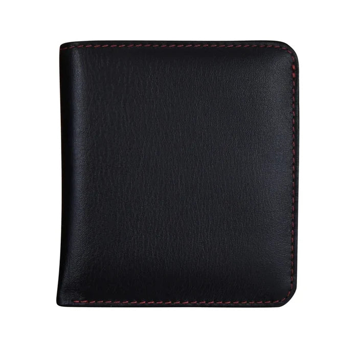 Small, genuine leather two‑tone bifold wallet measuring 3.5 by 3.75 inches and one‑quarter inch thick. Smooth leather with snap button closure, RFID‑blocking lining, interior ID window and card slots, plus a zip pocket on the back. Compact and lightweight for everyday carry. Outside color is listed first in black with red.