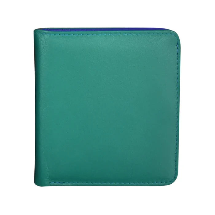 Small, genuine leather two‑tone bifold wallet measuring 3.5 by 3.75 inches and one‑quarter inch thick. Smooth leather with snap button closure, RFID‑blocking lining, interior ID window and card slots, plus a zip pocket on the back. Compact and lightweight for everyday carry. Outside color is listed first in aqua blue with cobalt blue.