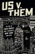 Book cover for 'US V. THEM' by Ronen Givony, featuring a black background with cream-colored dotted title text and white line-art illustrations of New York City buildings and landmarks.