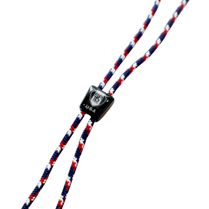 Close-up of a red, white, and blue braided cord secured by a black plastic clasp with "USA" and a logo on it, featuring an adjustable slider for the perfect fit - USA Made Adjustable Double Clip Lanyard - Woven Nylon Neck Hanger with 2 Bulldog Clips.