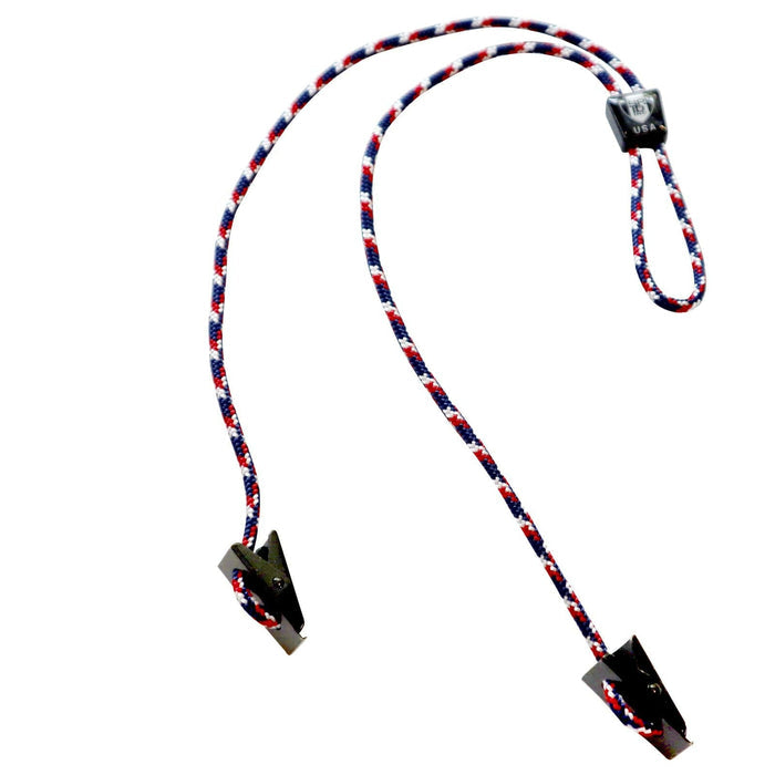 A USA Made Adjustable Double Clip Lanyard - Woven Nylon Neck Hanger with 2 Bulldog Clips with an adjustable plastic bead slider. Sold by Specialist ID.