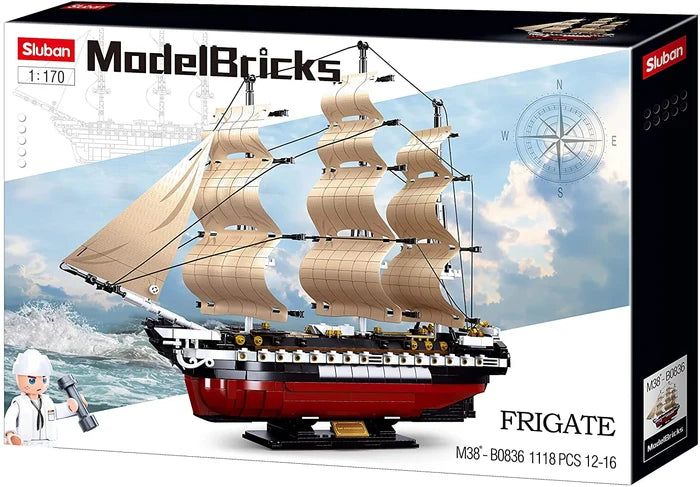 The USS Constitution 1794 Navy Frigate comes in a large, colorful box featuring a glossy image of the finished ship sailing on a stylized blue ocean and sky, with three detailed masts, off-white sails, and a red-and-black textured hull. The logo appears at the top left, while bold text along the bottom lists the model name, subtitle, and 1,118-piece count. A small illustration in the bottom left corner depicts a sailor holding a weight.