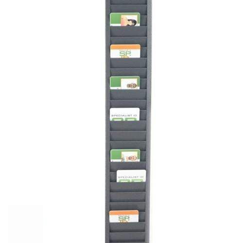 A Vertical ID Badge Rack Card Holder (P/N 3905-0150) with several slots contains ID cards. Some cards display photos, and others have text reading "Specialist ID" on a green and white background.