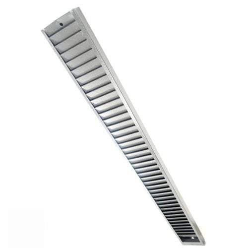 A long, rectangular, metallic Vertical ID Badge Rack Card Holder (P/N 3905-0150) with multiple slats for air circulation and designed for installation in ceilings or walls. This versatile unit can also double as a wall mounted rack, efficiently serving dual purposes in both functionality and aesthetics.